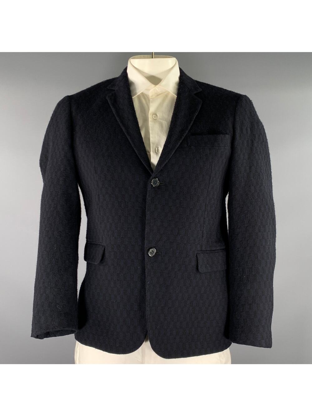 MARNI Chest Size 42 Navy Geometric Wool Notch Lapel Sport Coat